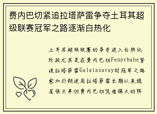 费内巴切紧追拉塔萨雷争夺土耳其超级联赛冠军之路逐渐白热化 费内巴切紧追拉塔萨雷争夺土耳其超级联赛冠军之路逐渐白热化